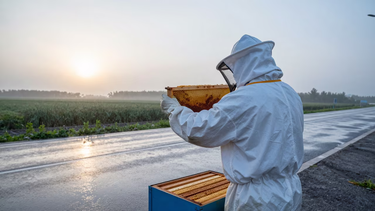 Beekeeper Lifting Honey Frame at Dawn in at a roadside stop near Changchun