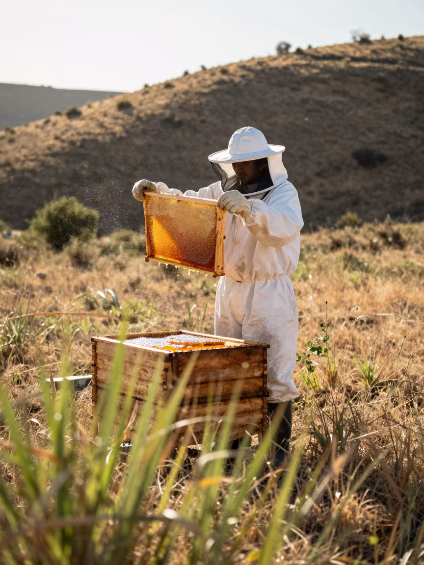 Beekeeper Lifting Honey Frame Near Water in on a hillside near Gómez Palacio