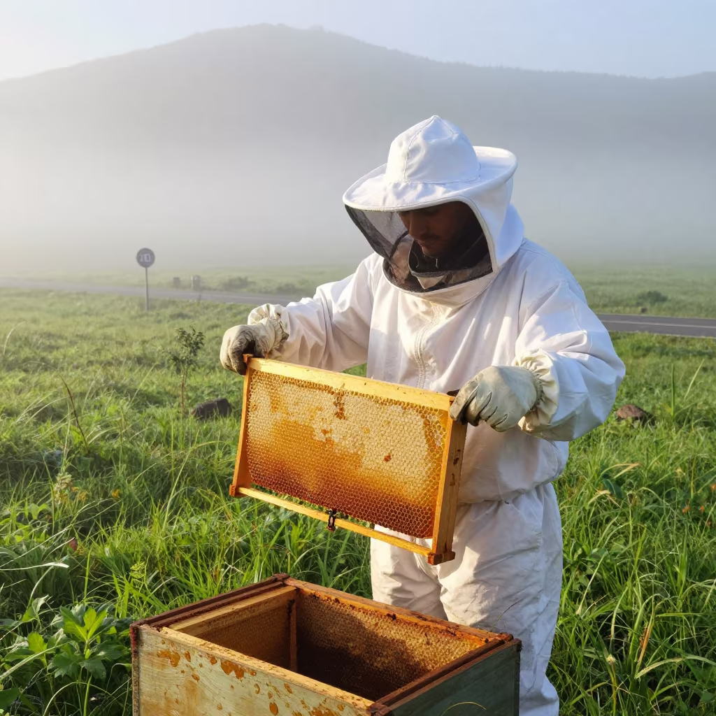 Beekeeper Lifting Honeycomb Frame in Misty Mountain Meadow in at a roadside stop near San Juan