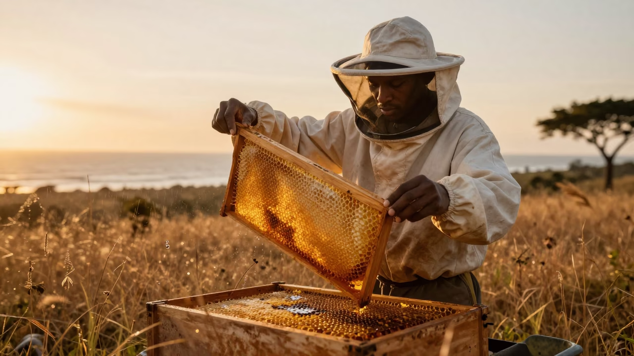 Beekeeper Lifts Honeycomb Frame at Sunset in along a beach near Yaounde