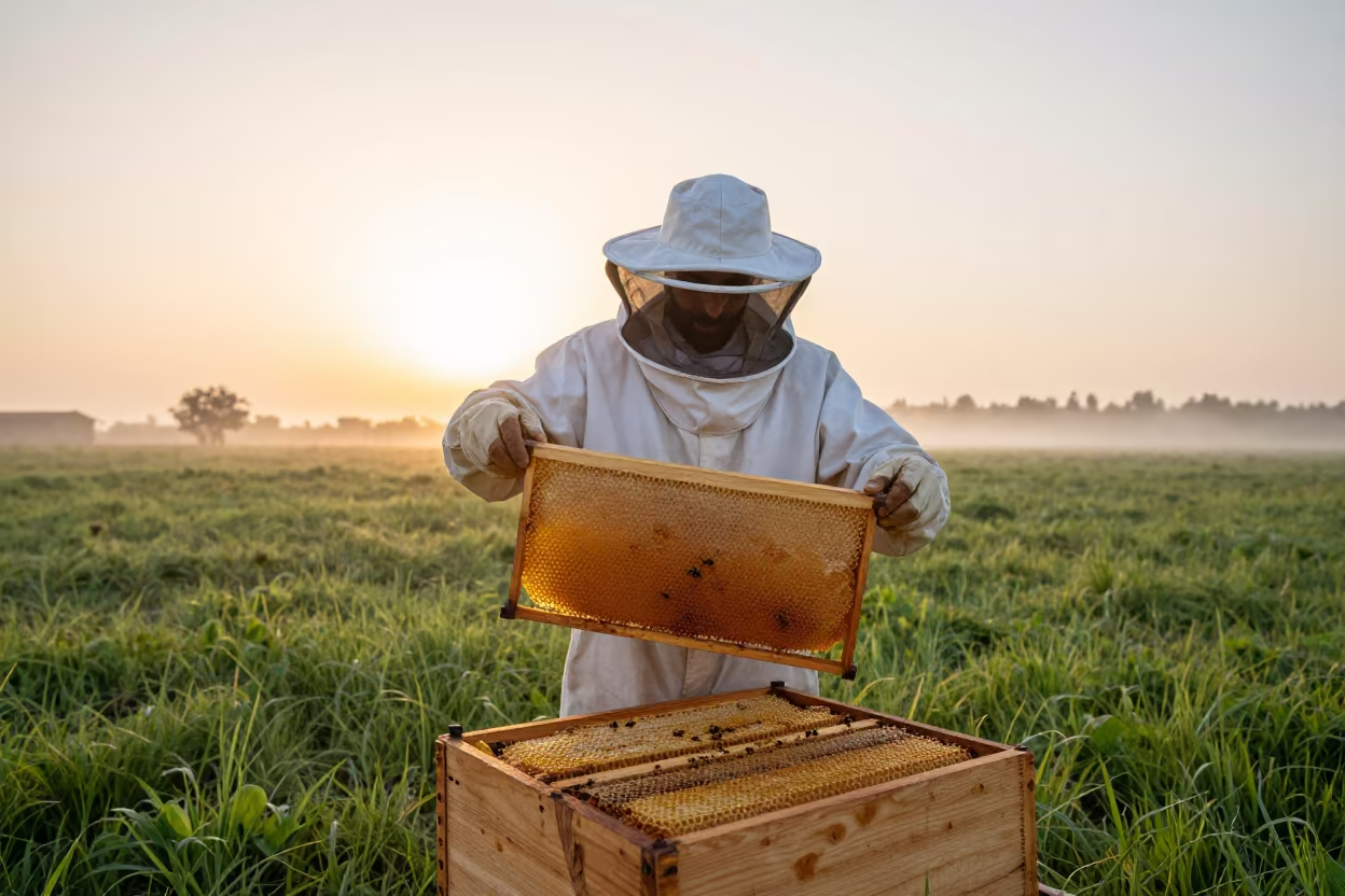 Beekeeper Lifts Honeycomb Frame at Sunset in near open fields near El Mahalla El Kubra
