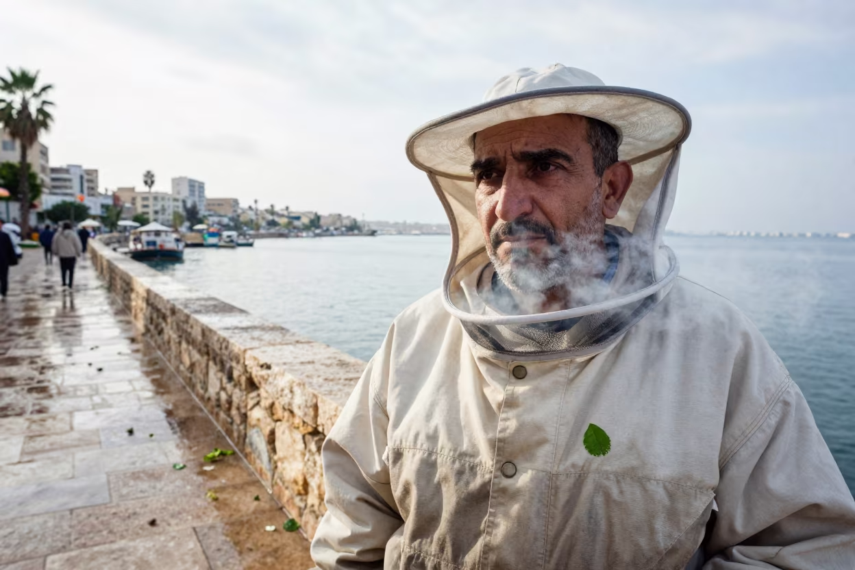Beekeeper Portrait Smoke Soft Light in beside a harbor wall near Irbid