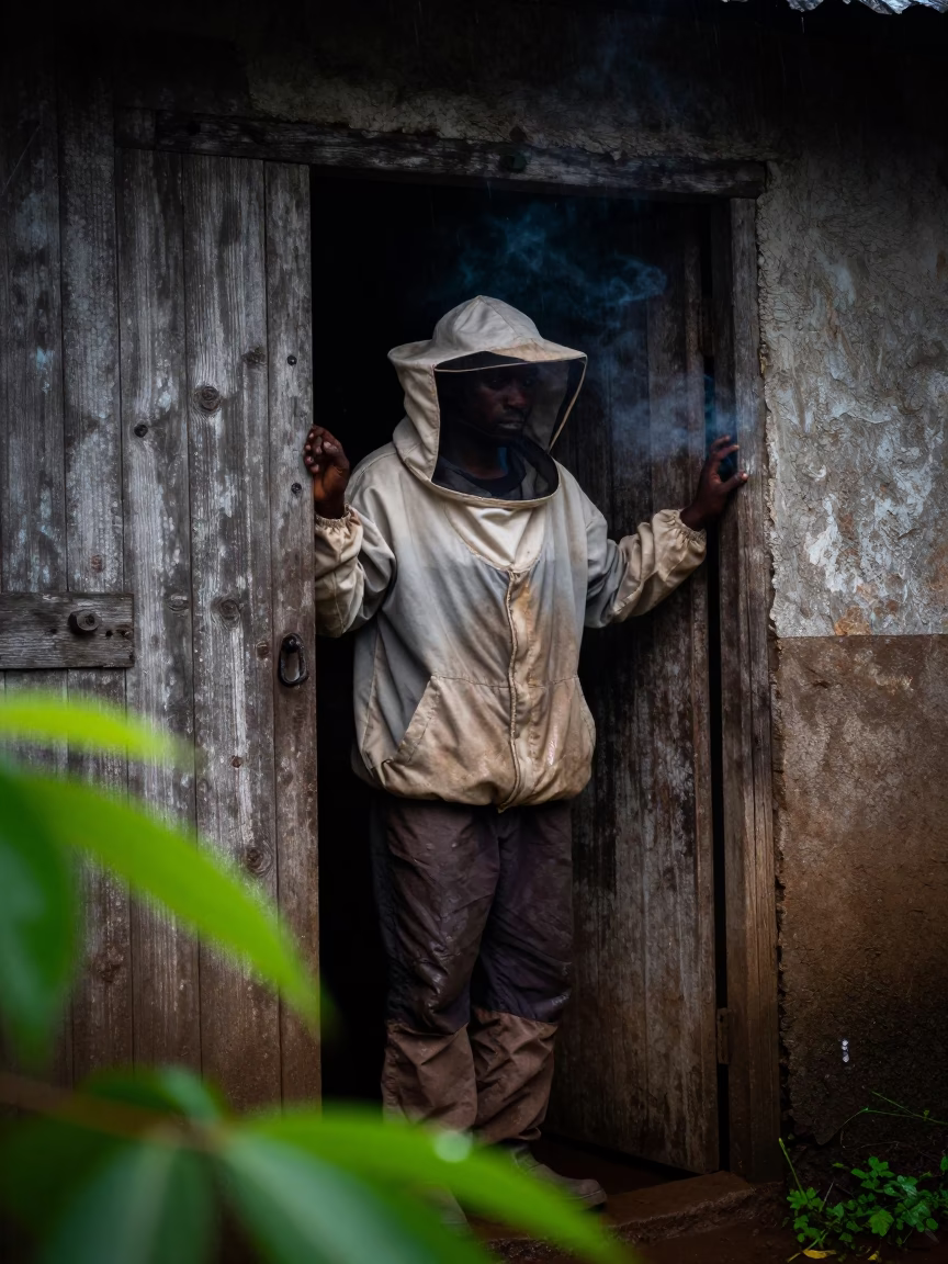 Beekeeper in Predawn Rain with Smoke in against a weathered doorway near Bouake