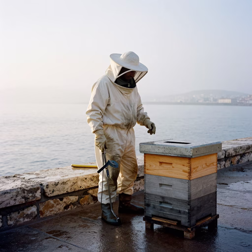 Beekeeper Resting by Marseille Harbor at Dawn in along a beach near Marseille