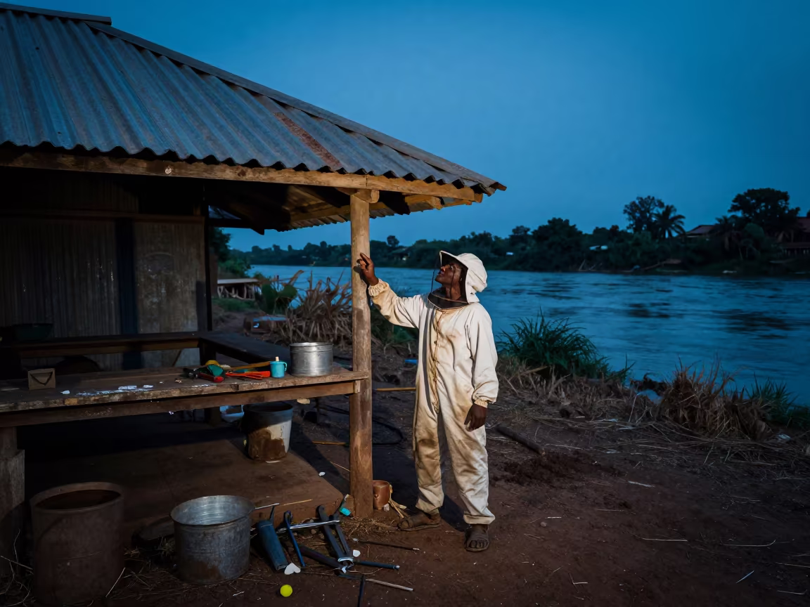 Beekeeper at Riverbank Workshop After Rain in by a riverbank near Jamestown, Accra