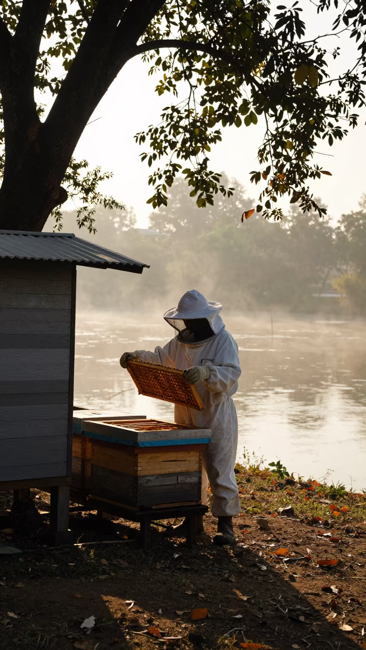 Beekeeper at Riverside Shed Dawn Shadow in at a roadside stop near Bareilly