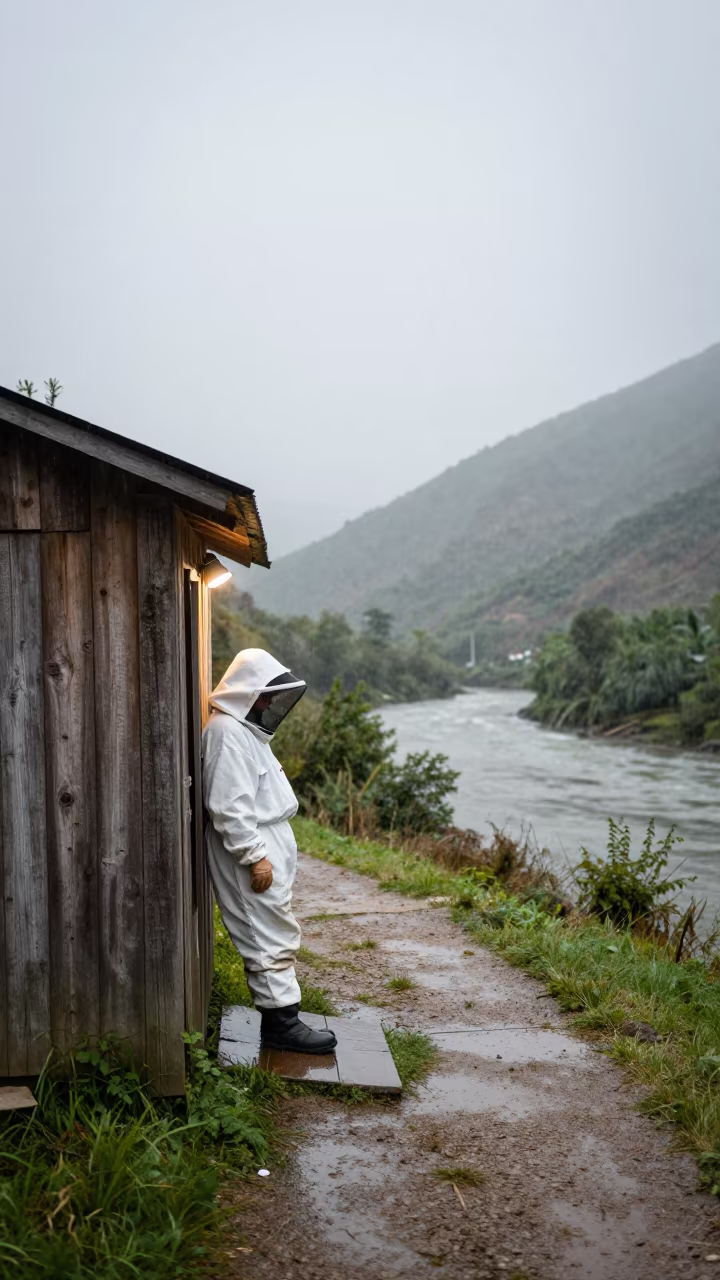 Beekeeper at Riverside Shed in Monsoon Light in on a mountain path near Montero