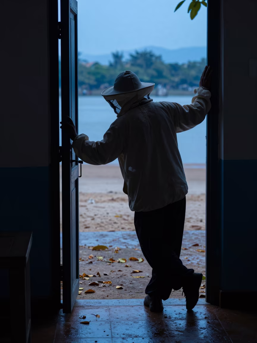 Beekeeper Silhouette in Evening Blue Light in along a beach near Vientiane
