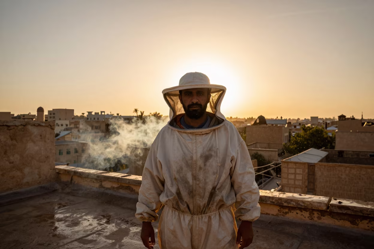Beekeeper with Smoke Jacket on Asyut Rooftop in along a windswept rooftop near Asyut