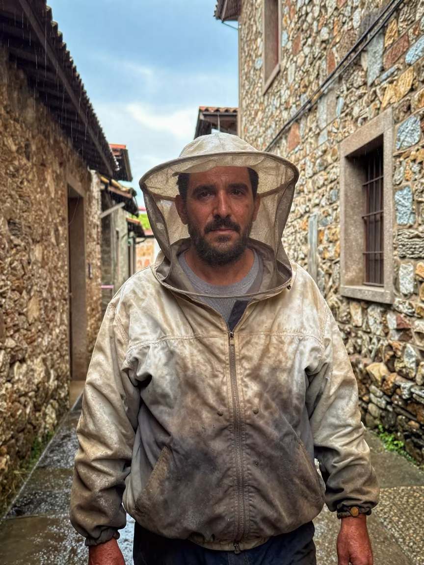 Beekeeper Smoke Jacket in San Carlos Alley in in a narrow stone alley near San Carlos