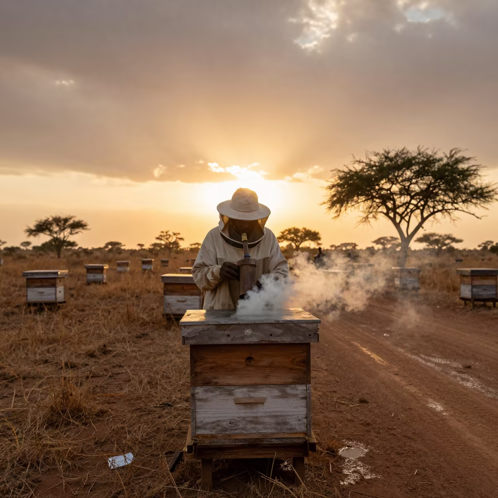 Beekeeper Smoking Hive at Sarh Village Sunset in in a village lane near Sarh