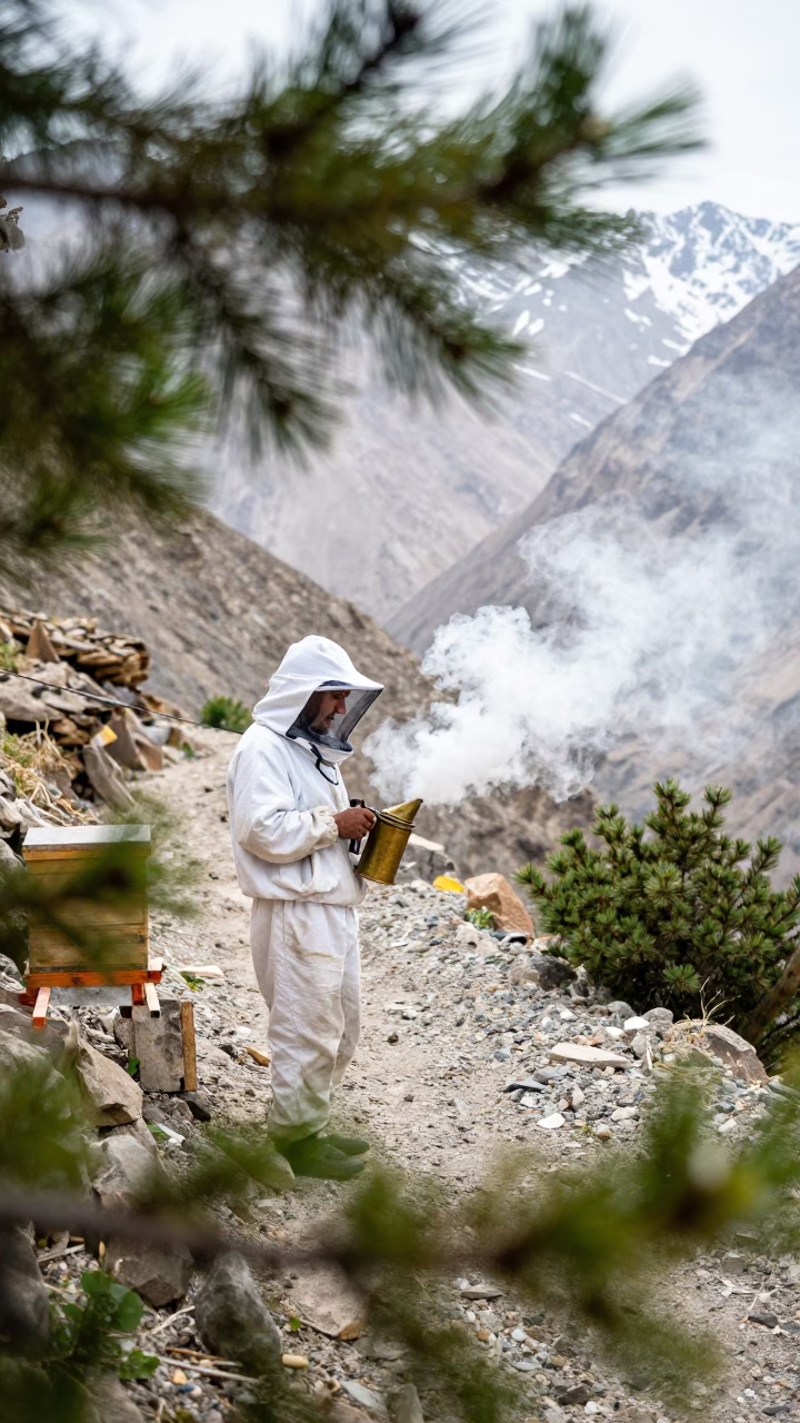 Beekeeper Smoking Hive on Snowy Mountain Trail in on a mountain path near Kunduz
