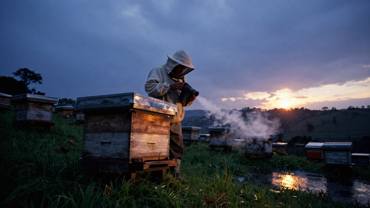 Beekeeper Smoking Hive at Twilight Near Ibagué in on a hillside near Ibagué