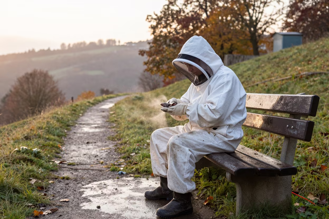 Beekeeper Wiping Dust from Sleeves at Dawn in on a mountain path near Essen