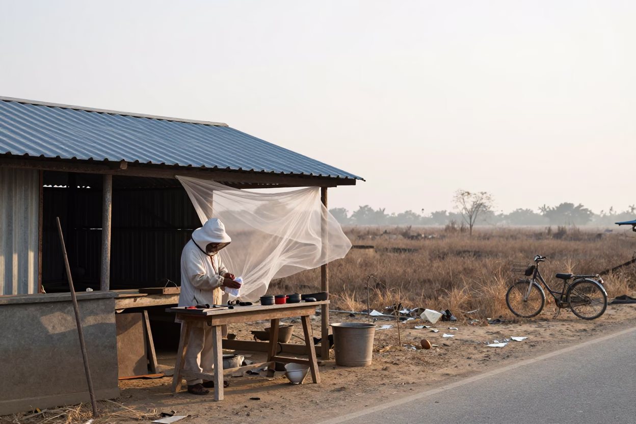 Beekeeper Wiping Hands at Dawn Workshop in at a roadside stop near Jashore