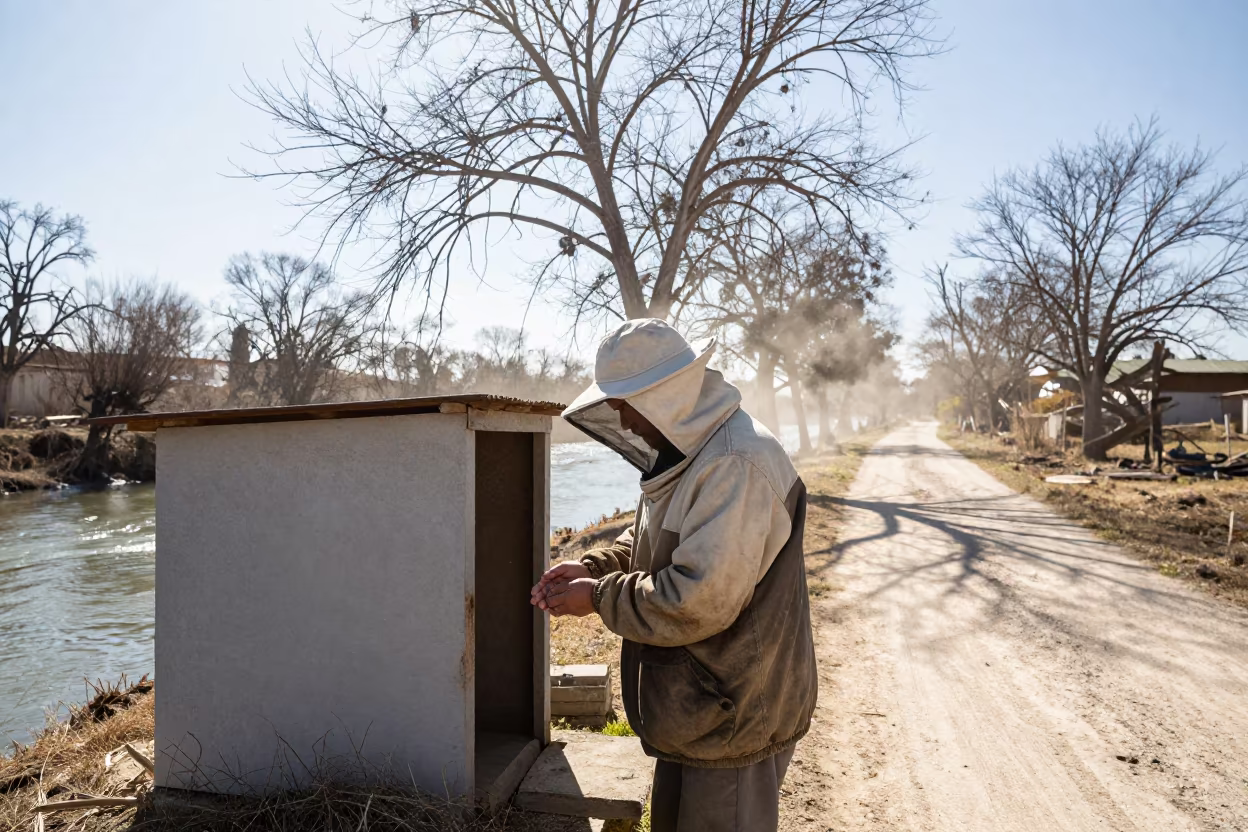 Beekeeper Wiping Hands at Winter Shed in in a village lane near Sofia