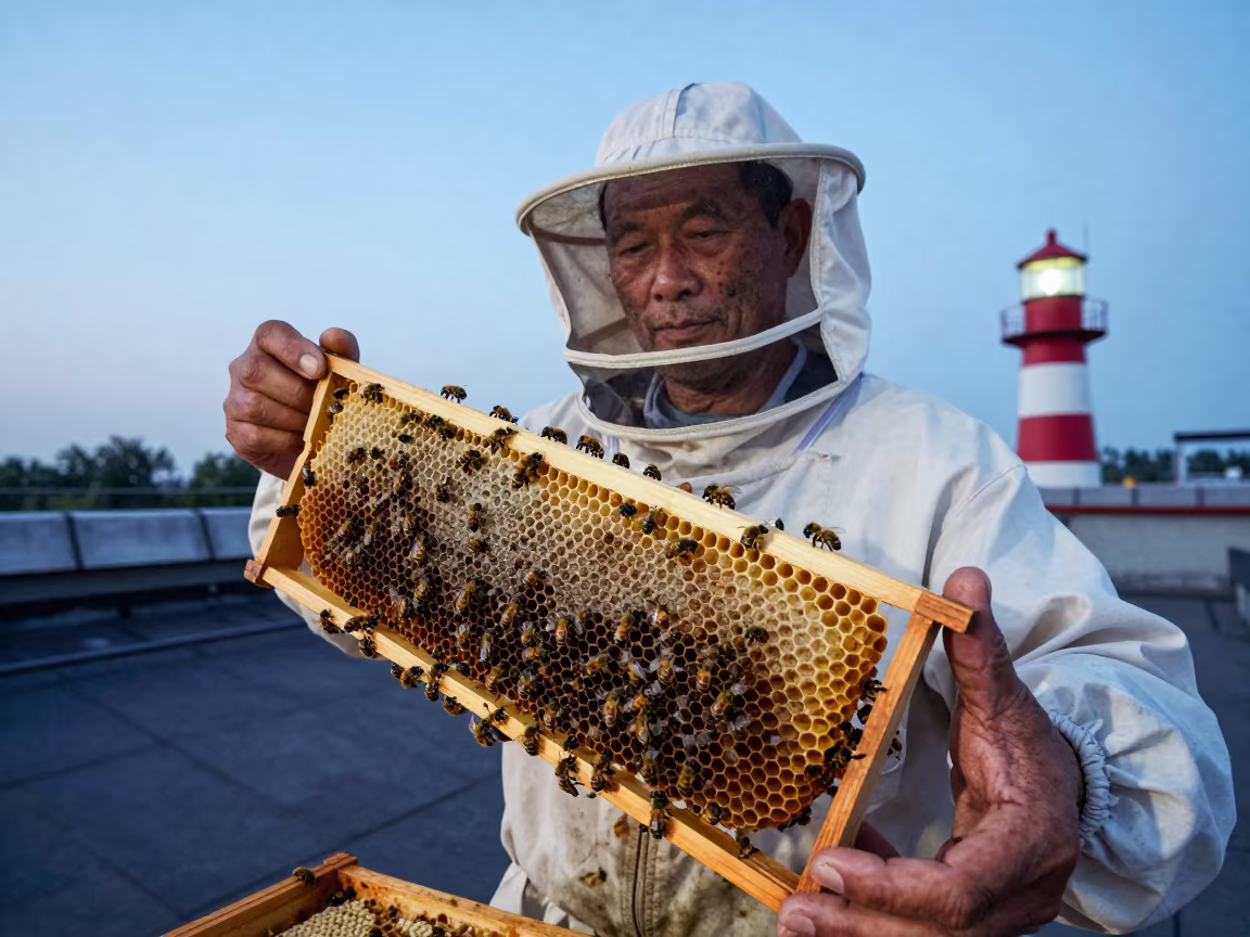 Bees on Bare Hands Rooftop Dawn Beijing in along a windswept rooftop near Qianmen, Beijing