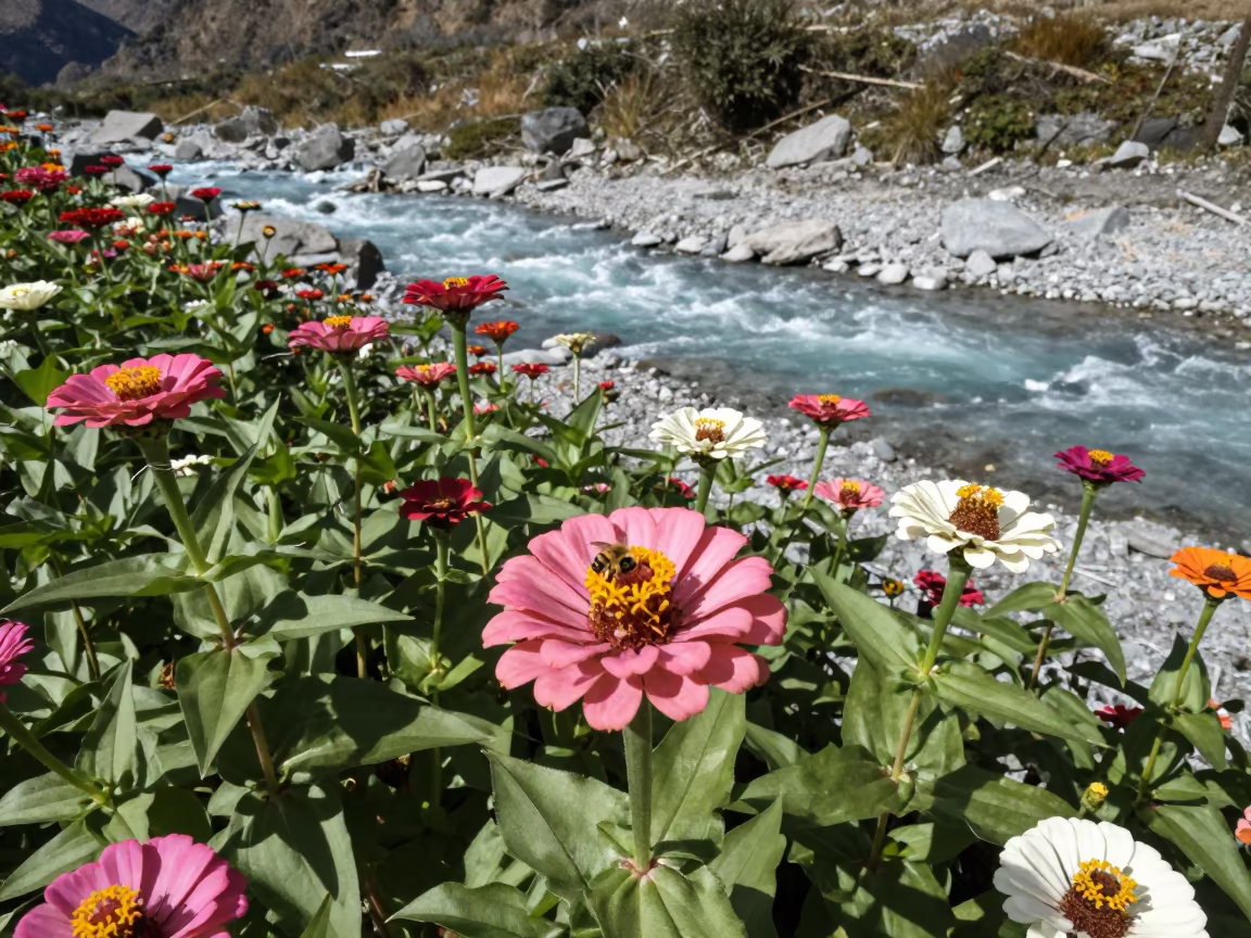 Bees in Zinnia Garden Near Glacial Stream in above a glacial stream in Arunachal Pradesh