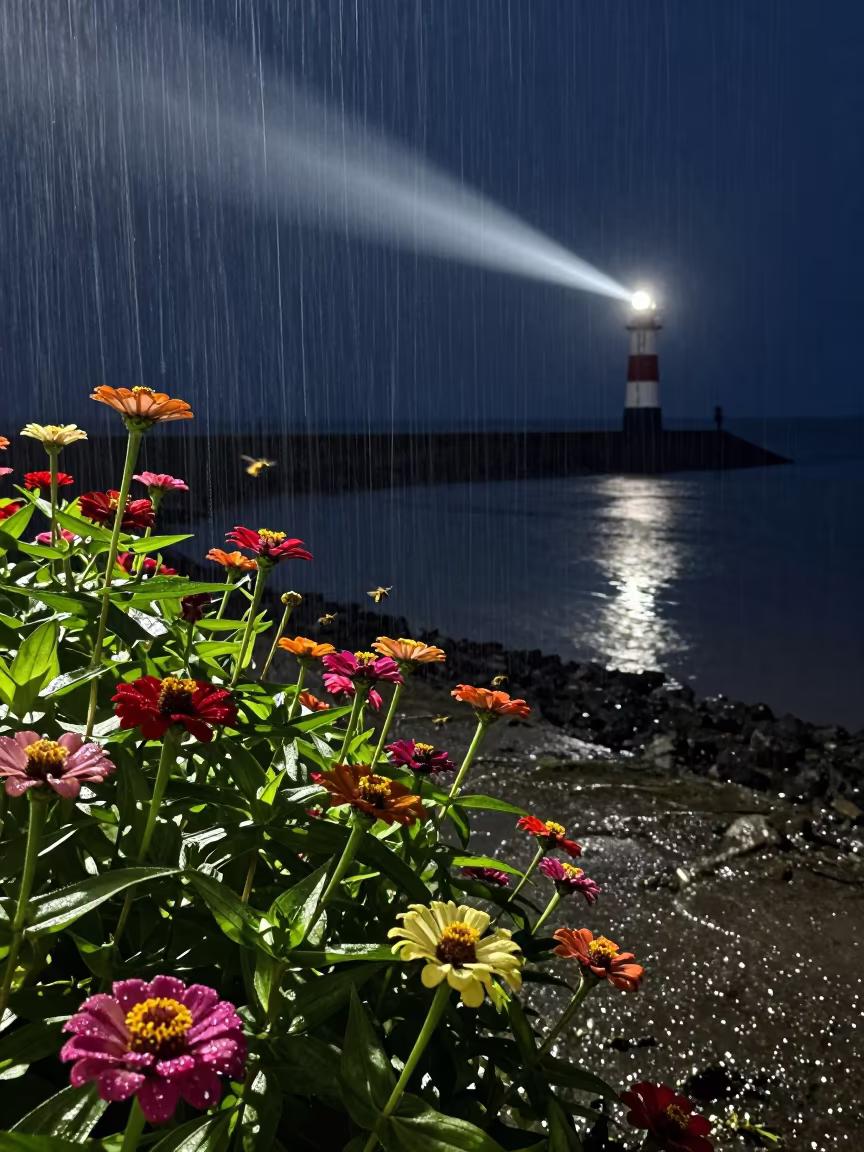Bees in Zinnia Garden Under Lighthouse Beam in beside a tidal inlet near Beijing