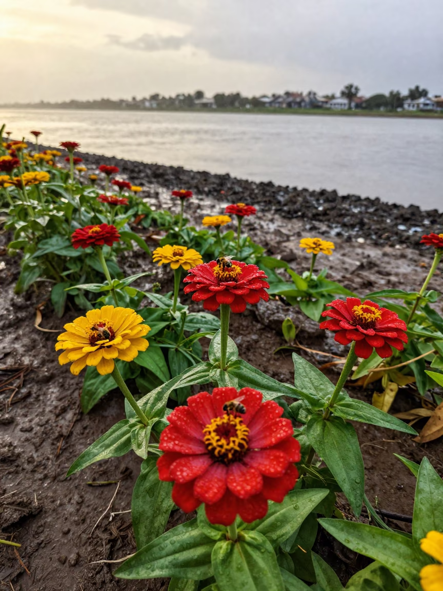 Bees on Wet Zinnias Before Sunrise Lagos in beside a tidal inlet near Oshodi, Lagos