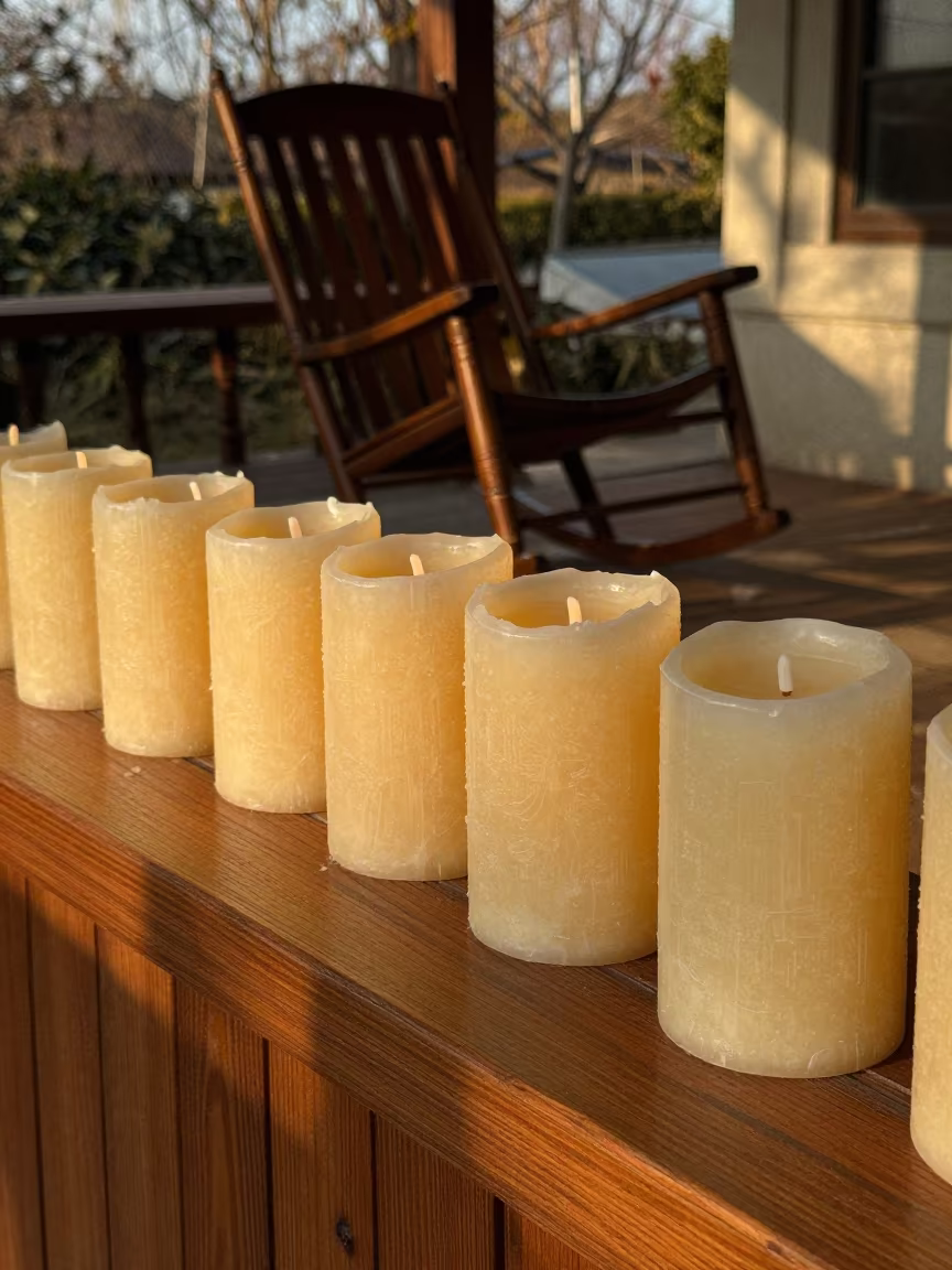 Beeswax Candles on Porch Mantel Taichung in on a porch with a rocking chair in Taichung