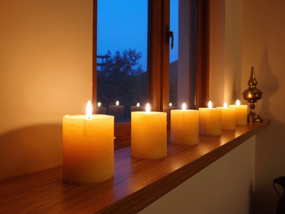 Beeswax Candles on Prayagraj Mantel Evening Light in in a sunlit living room in Prayagraj