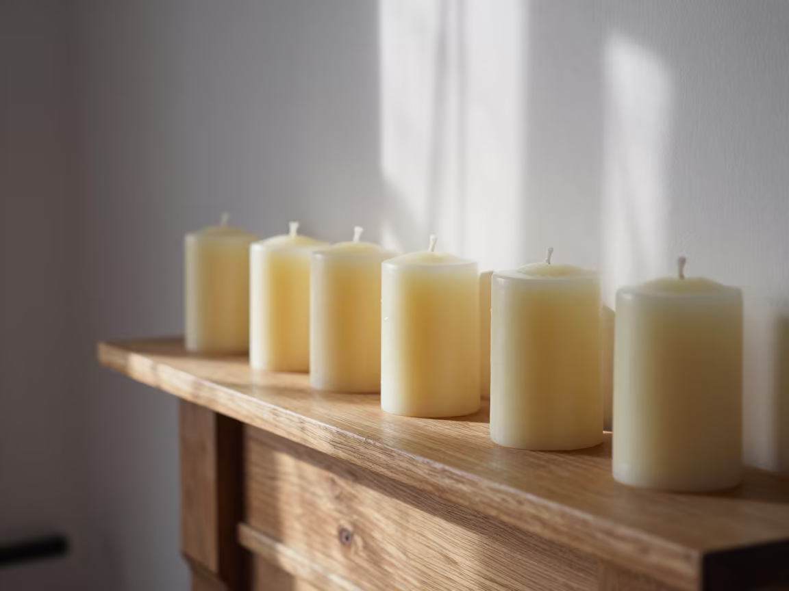 Beeswax Candles on Wooden Mantel in Cesky Krumlov Room in in a sunlit living room in Cesky Krumlov
