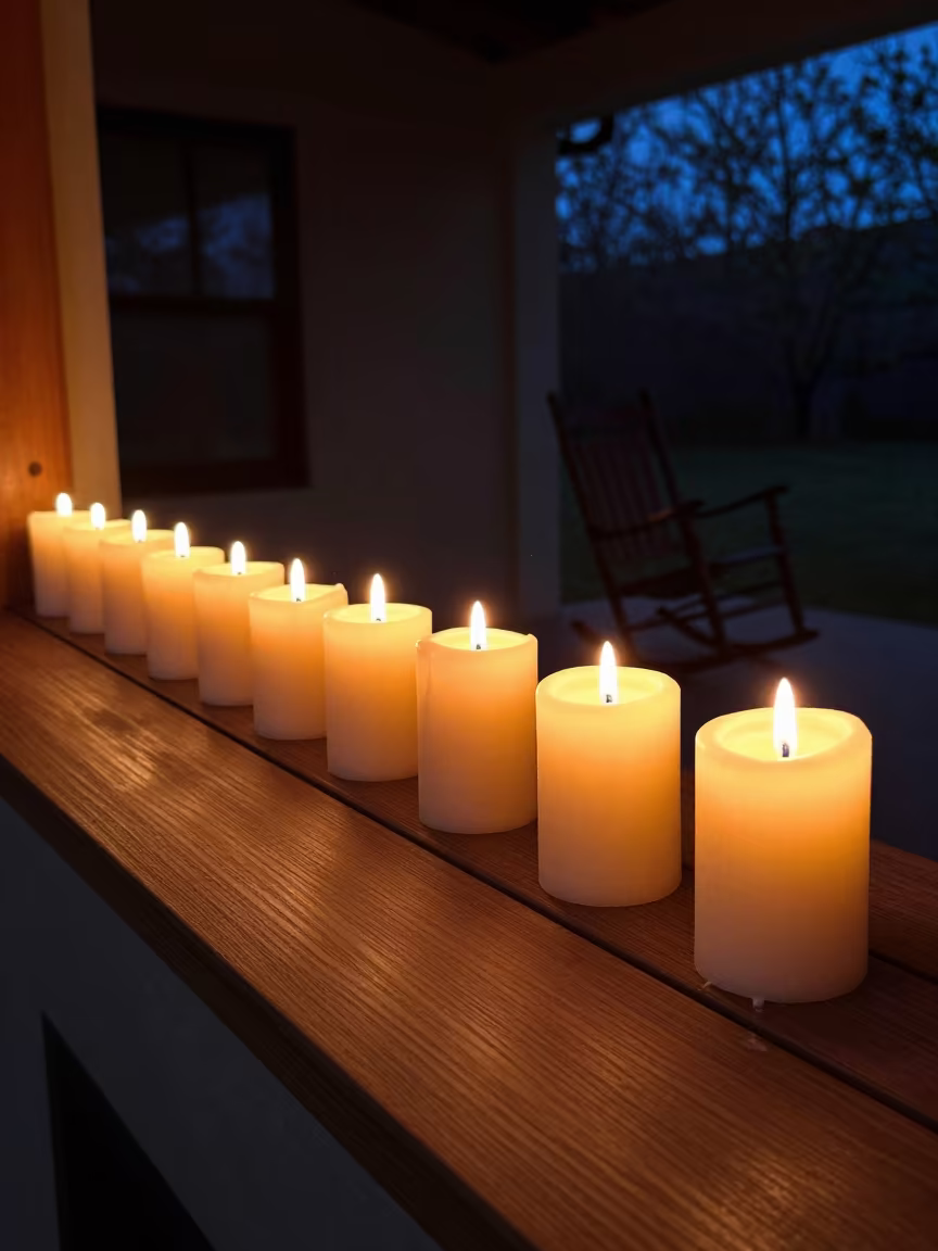 Beeswax Candles on Wooden Mantel in Hillah Porch in on a porch with a rocking chair in Hillah