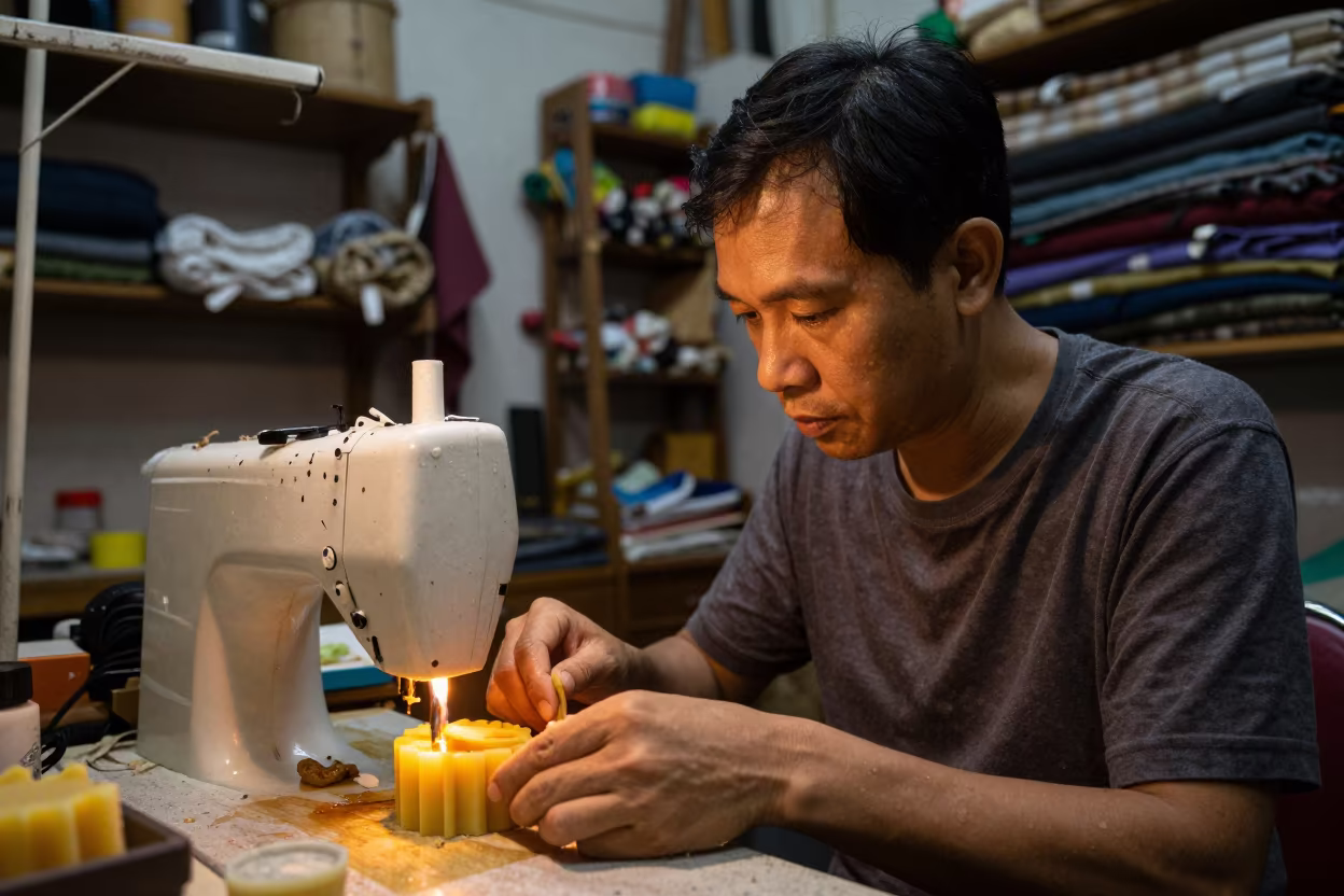 Beeswax Maker in Kuala Lumpur Midnight Firelight in in a modest tailor's shop in Chow Kit, Kuala Lumpur