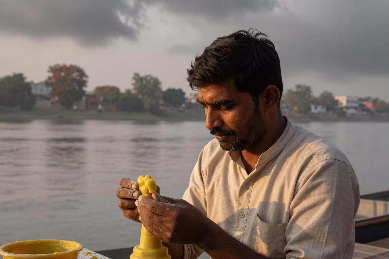 Beeswax Sculptor in Dawn Light Ahmedabad in near a riverside landing in Ahmedabad