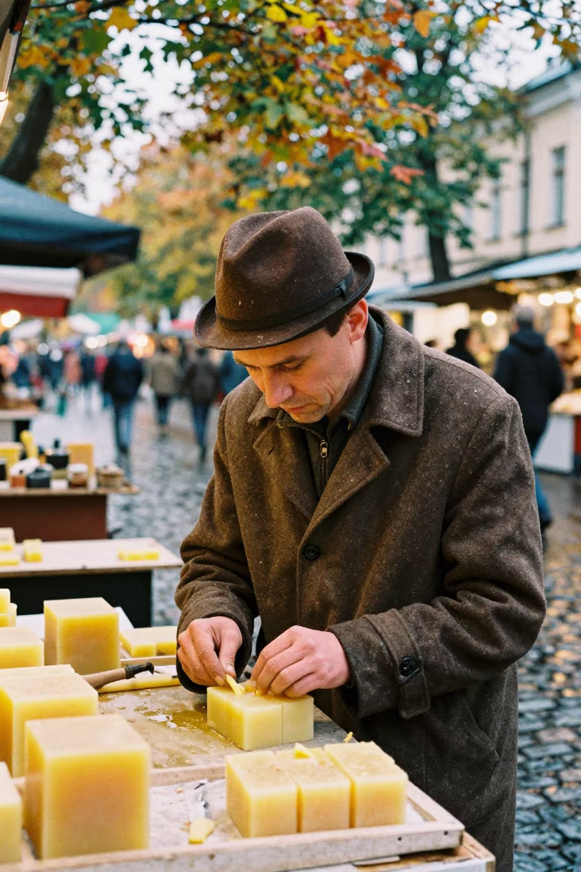 Beeswax Sculptor Portrait in Red October Market in along a market lane in Red October, Moscow