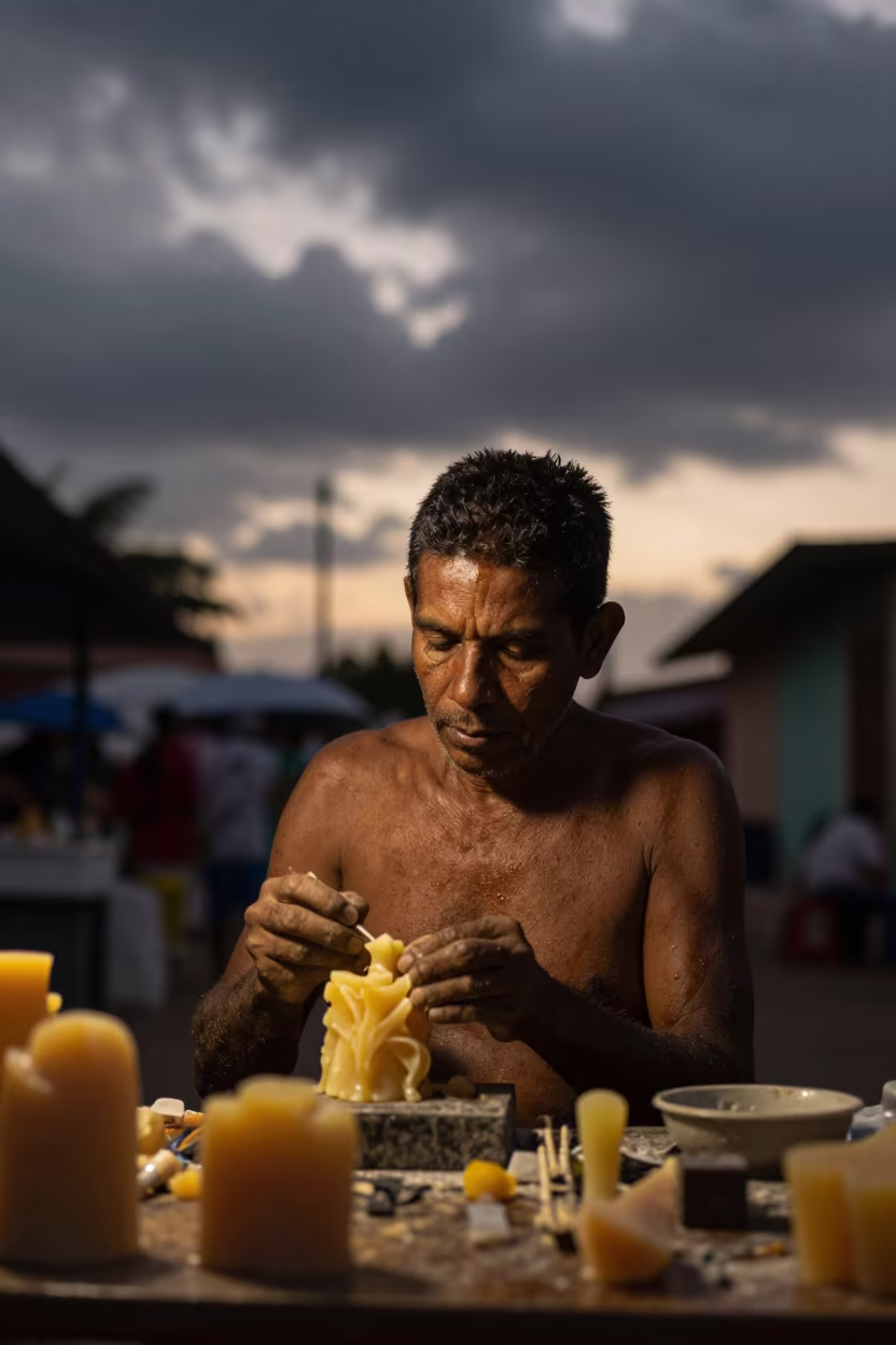 Beeswax Sculptor Silhouette Guarenas Market Twilight in along a market lane in Guarenas