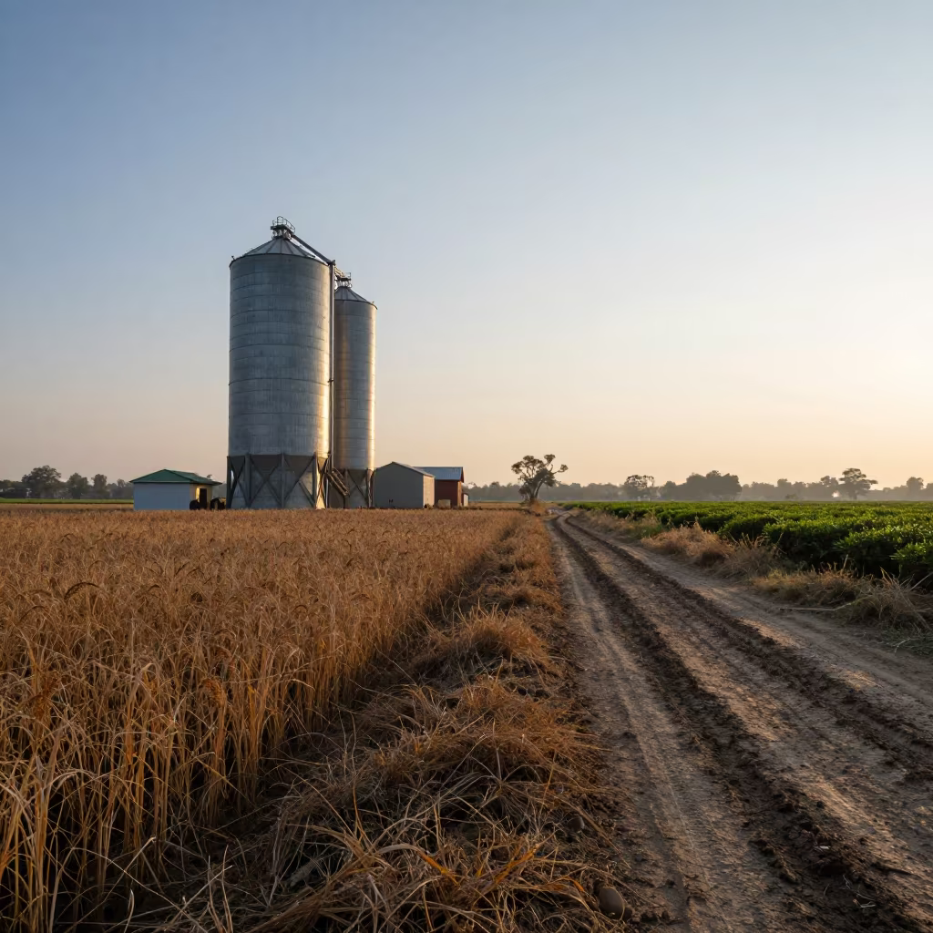 Beet Field Beside Grain Silo at Dawn in at the edge of a tea plantation near Dehradun