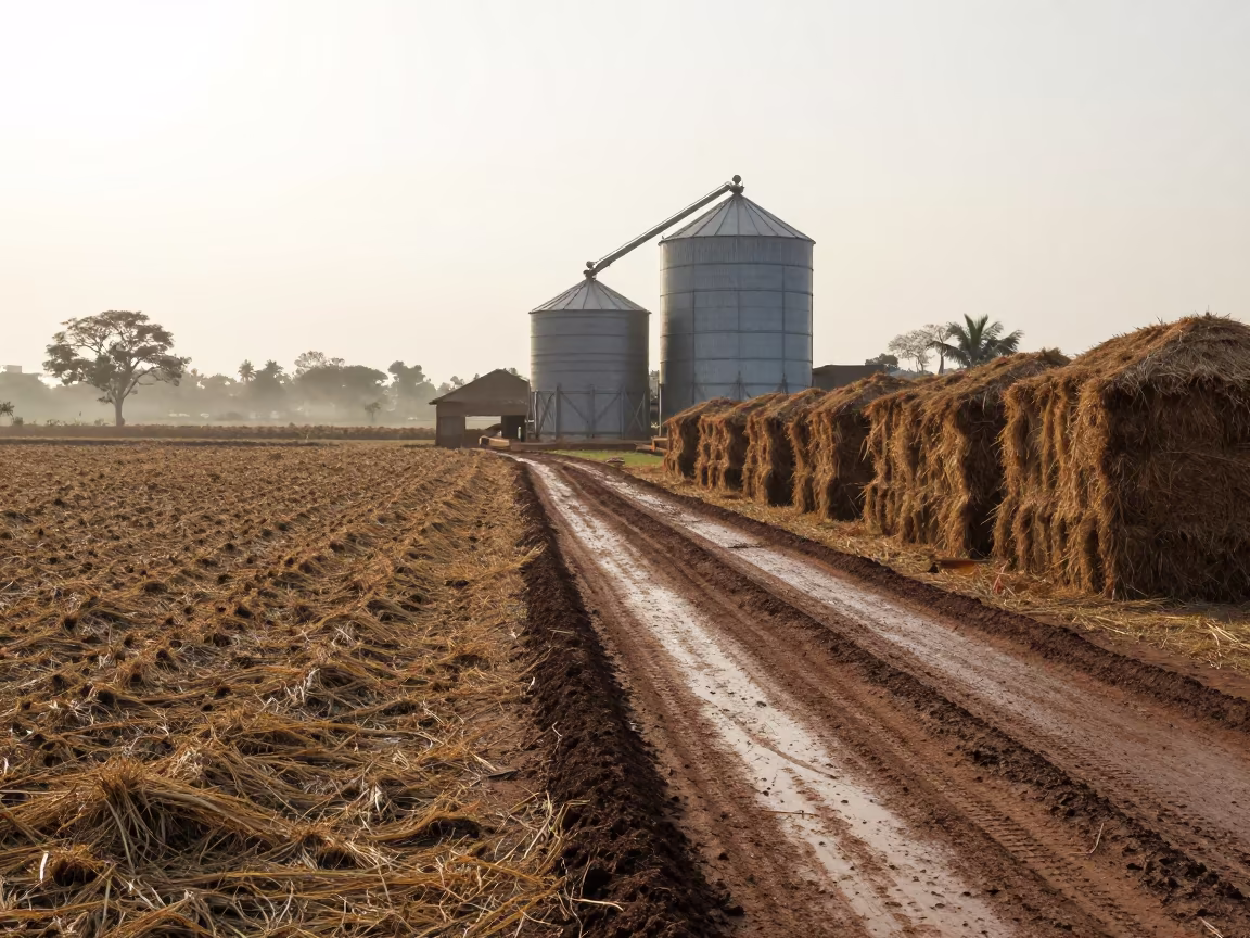 Beet Field Beside Silo After Harvest Rain in beside stacked hay bales in Bamako