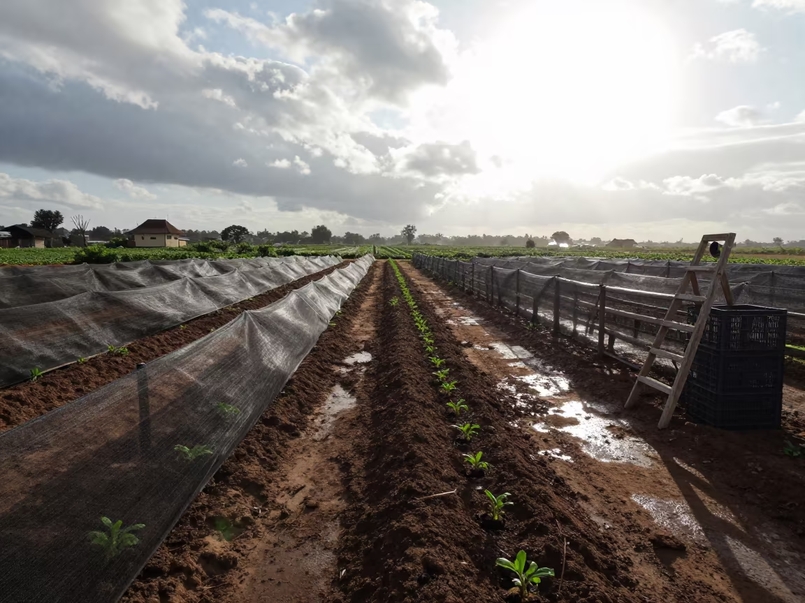 Beet Seedlings Under Bird Net in Banfora in among orchard ladders and crates near Banfora