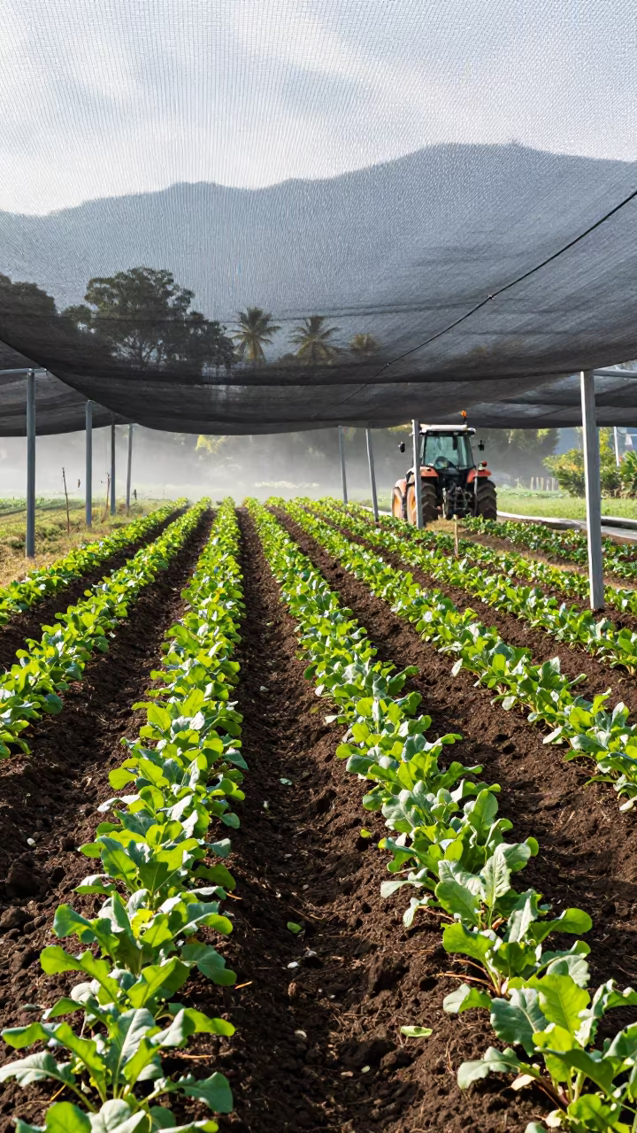 Beet Seedlings Under Bird Net in Himalayan Soil in beside a tractor track through dark soil in the Himalayas