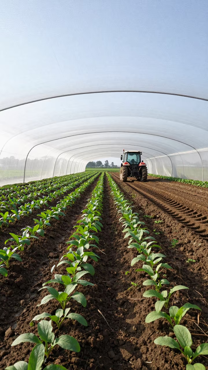 Beet Seedlings Under Bird Netting in Fujian Fields in beside a tractor track through dark soil in Fujian