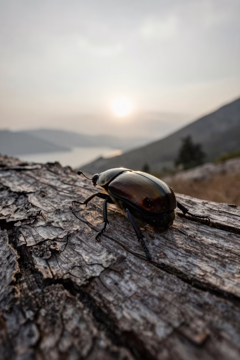 Beetle on Bark in Montenegro Morning Light in in Montenegro