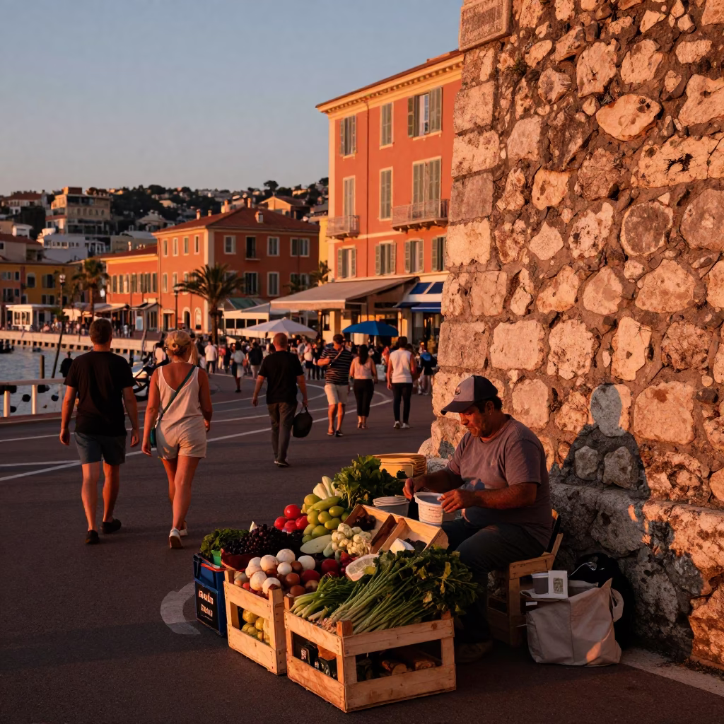 Before Dusk in Nice at Copper-toned Light Before Dusk in in Nice, France
