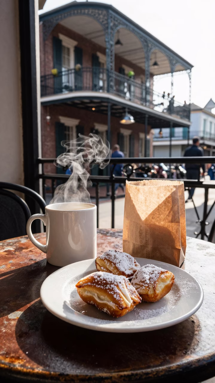Beignets in New Orleans at As First Light Reaches The Scene in in New Orleans, Louisiana, United States