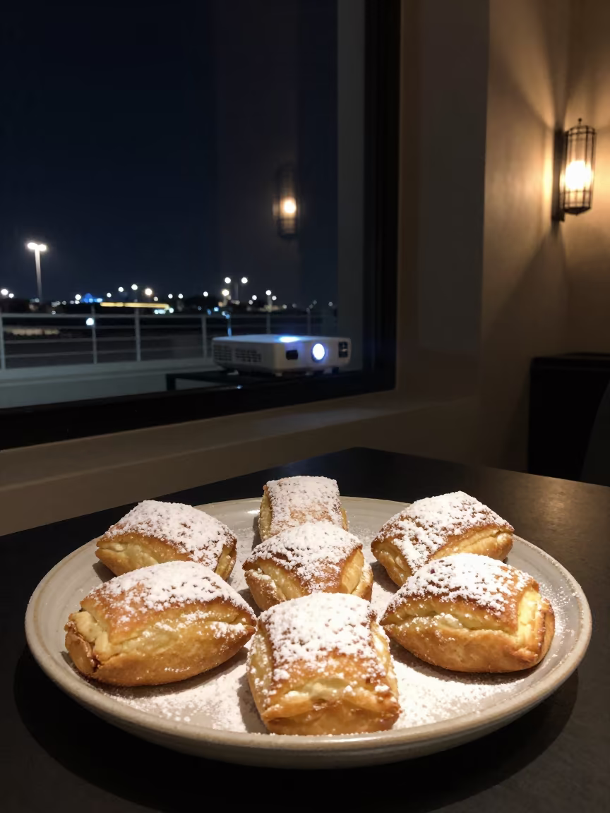 Beignets on Plate by Window Abu Dhabi Night in on a ceramic plate by a window in Abu Dhabi