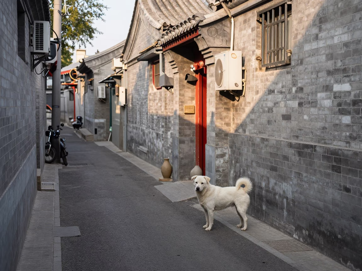 Beijing Alleyway Afternoon Scene with White Dog and Clay Pots in in Beijing, China