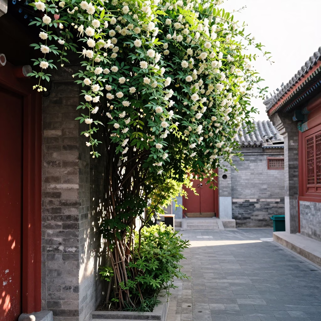 Beijing Alleyway Afternoon with Climbing Jasmine and Traditional Courtyard Details in in Beijing, China