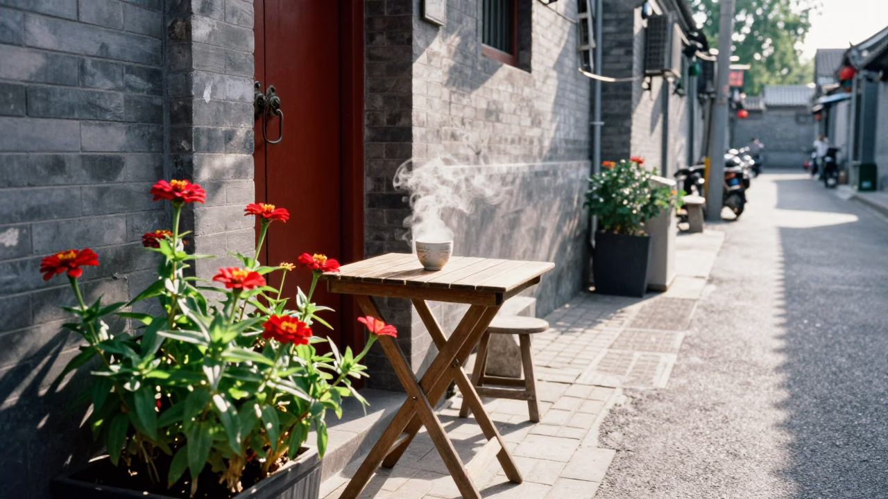 Beijing Alleyway Afternoon with Steam and Zinnias in in Beijing, China