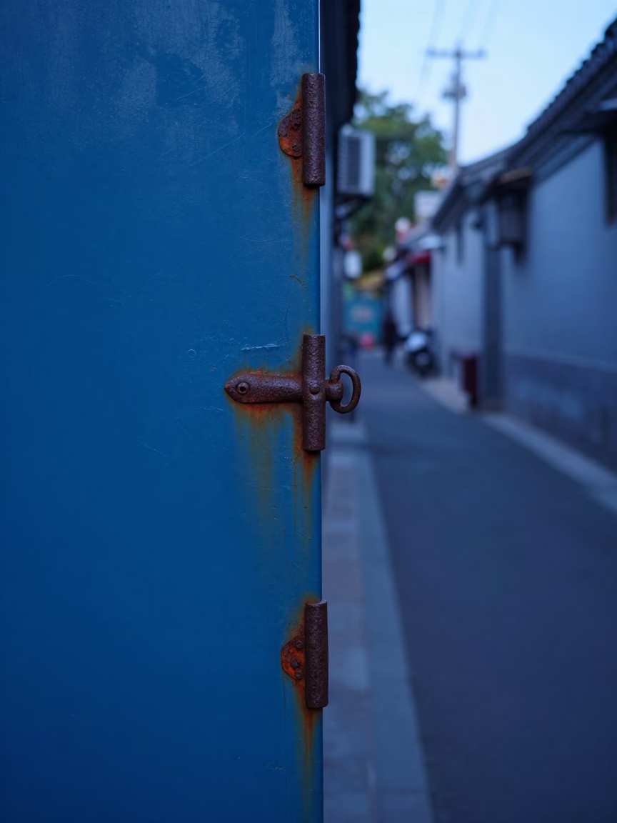 Beijing Alleyway Dawn Street Scene with Rusty Hinges and Morning Commute in in Beijing, China