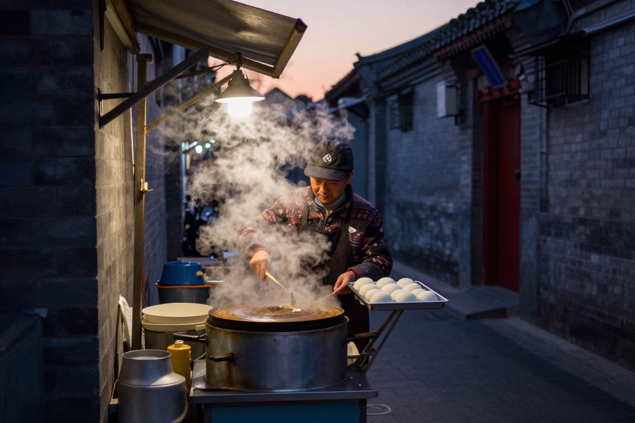Beijing Alleyway Dawn Street Vendor Cooking Mochi Before Daybreak in in Beijing, China