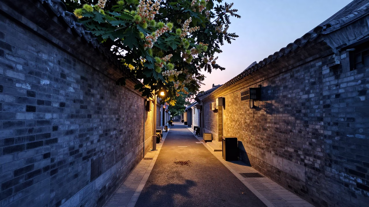 Beijing Alleyway Dawn with Chestnut Husks and Domestic Details in in Beijing, China