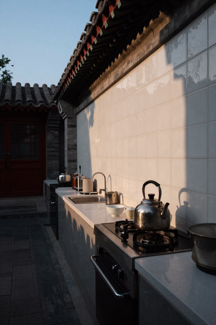 Beijing Alleyway Kitchen Evening Light Ceramic Tiles and Tea Kettle in in Beijing, China