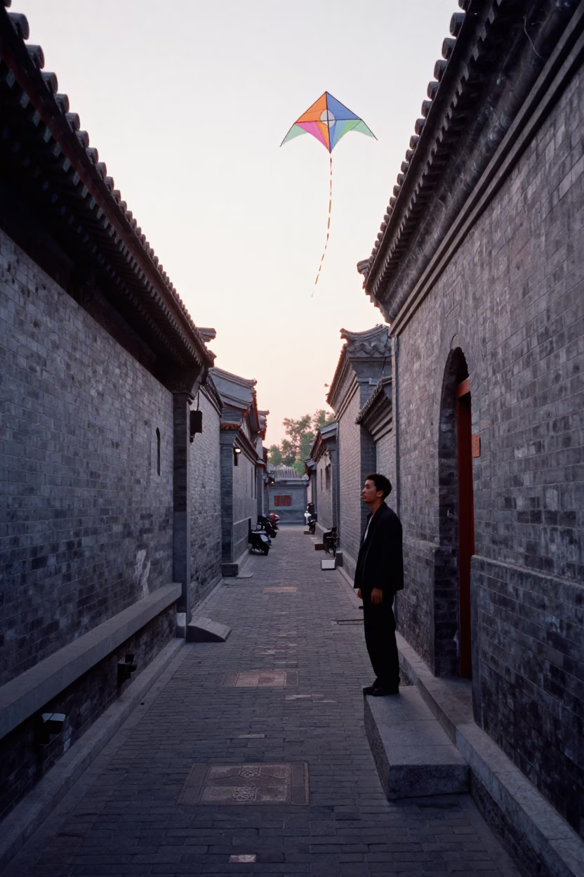 Beijing Alleyway Morning Kites and Ceramic Details at Dawn in in Beijing, China