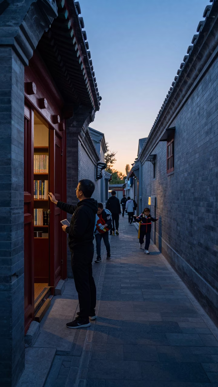 Beijing Alleyway Pre-Dawn Activity with Teacher Unlocking Library and Hand Tools in in Beijing, China